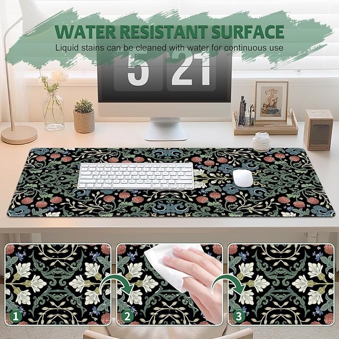 Desk Mat for Keyboard and Mouse, Large Non-Slip Mouse Pad Keyboard Pad, Computer Mats for Desktop, Desk Pad with Stitched Edges for Office, Gaming I Gothic Floral Morris Style