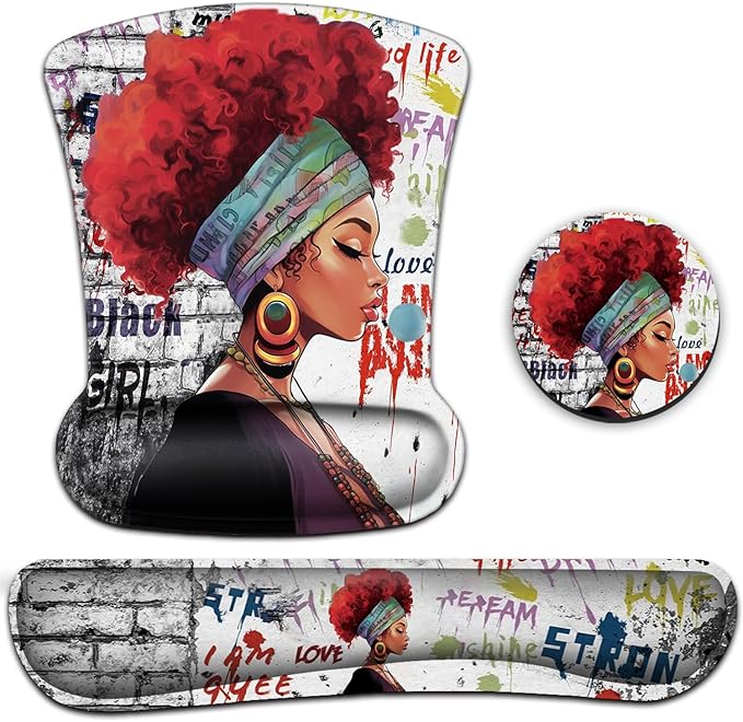 Keyboard Wrist Rest Pad and Ergonomic Mouse Pad Wrist Support Set African Woman Graffiti Girls with Red Hair for Gaming, Office, Comfortable and Pain Relief with Coaster Set