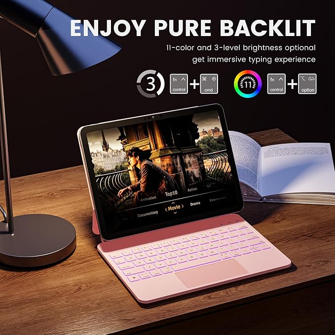 for iPad 11th(A16, 2025)/10th Generation Case with Keyboard, Magic Keyboard 2022, Springy Backlit Keys, Stain-Resistant Surface, Multi-Touch Trackpad,Pink