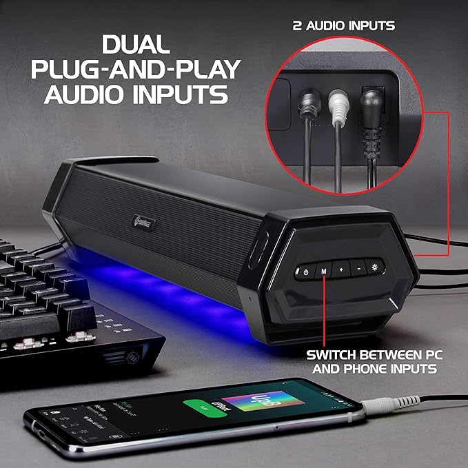 ENHANCE Gaming Attack Sound Bar PC Speaker - Under Monitor Soundbar Computer Speaker with Loud 40W Hi-Fi Audio, 3 LED Color Modes, and Dual Inputs for PC, Laptop, or Phone AUX