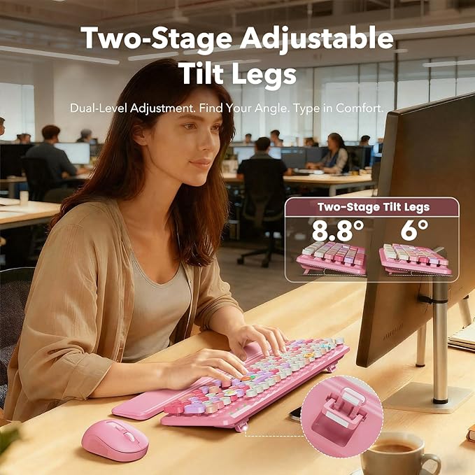Wireless Keyboard and Mouse Combo, Cute Retro Typewriter Keyboard with Round Keycaps and Magnetic Wrist Rest, Full-Size 2.4GHz Cordless for Mac, Windows PC, Laptop, SABLUTE CK23, Pink Multi-Color