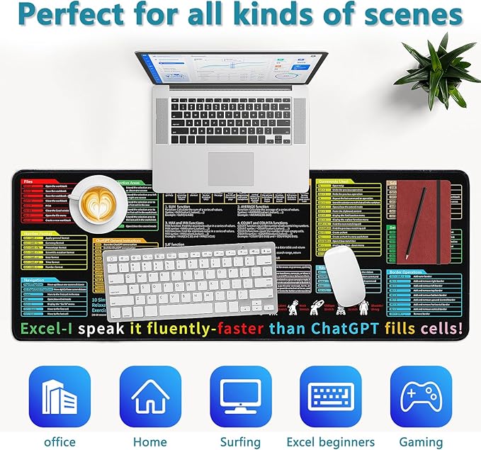 Excel Cheat Sheet Desk Pad - Large Mouse Pad - Excel Cheat Sheet Desk Mat, Non-Slip Base Mousepad Suitable for Office, Computer Games, Desk Mat and More (1, 31.5" x 11.8")