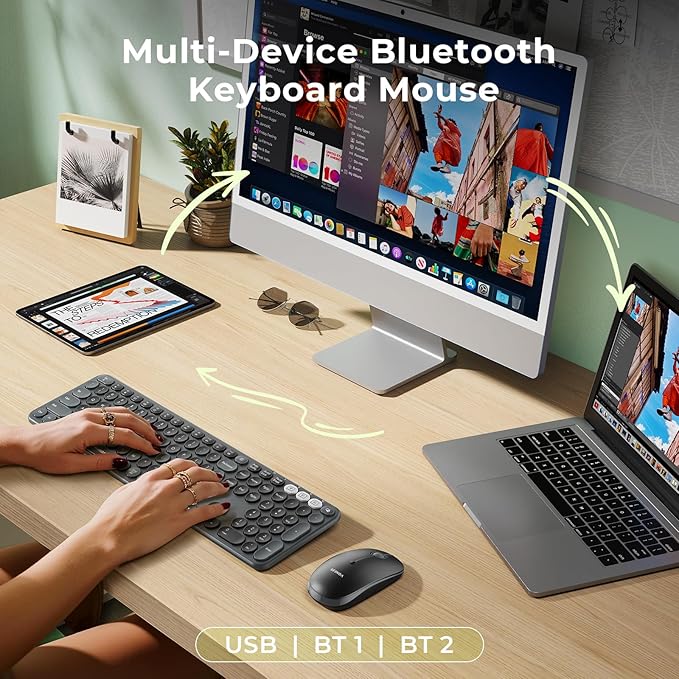 seenda Wireless Bluetooth Keyboard and Mouse Combo, COE202 Round Cute Keycaps, 3 Multi-Device Connection, Full Size Wireless Keyboard Compatible for PC/Laptop/Mac/MacBook/iPad/Tablet, Black