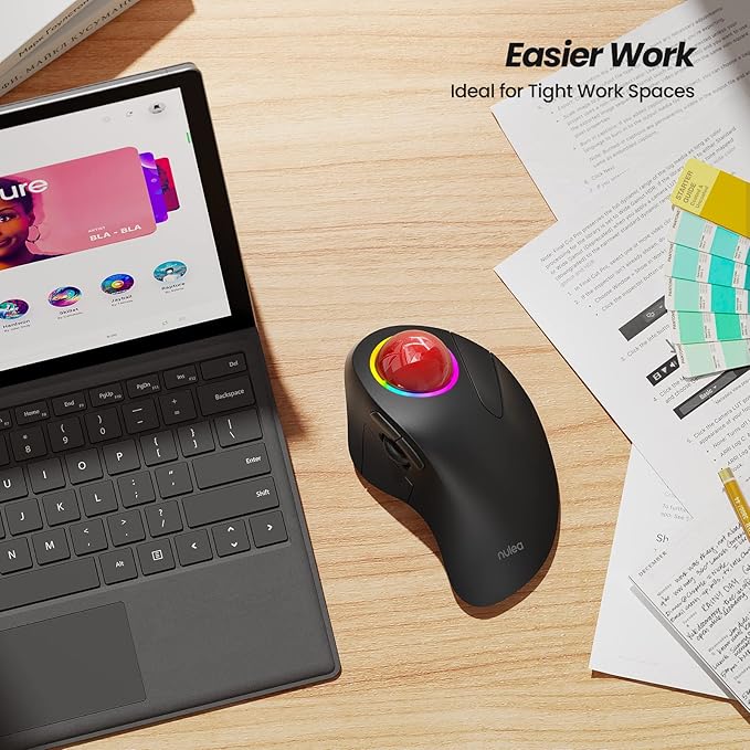 Nulea M505B Wireless Trackball Mouse, Rechargeable Ergonomic RGB Rollerball Mouse, Easy Index Finger Control with 5 Adjustable DPI, 3 Device Connection for PC, Laptop, iPad, Mac, Windows, Android