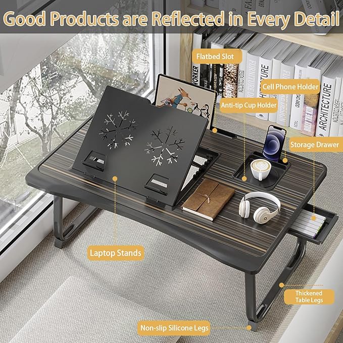 Laptop Desk for Bed, Adjustable Laptops Stand with 6 Different Angles, Portable Lap Tray Table with Storage Drawer and Cup Holder, Laptop Bed Desk Tray for Eating Working Writing Reading (White)