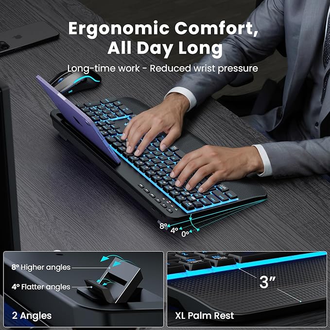Wireless Keyboard and Mouse Combo, (Upgraded Version) Rechargeable Backlit Ergonomic Keyboard with 4000mAh Battery, Wrist Rest and Phone Holder, Quiet for PC/Mac/Laptop/Windows/Chrome OS - SABLUTE