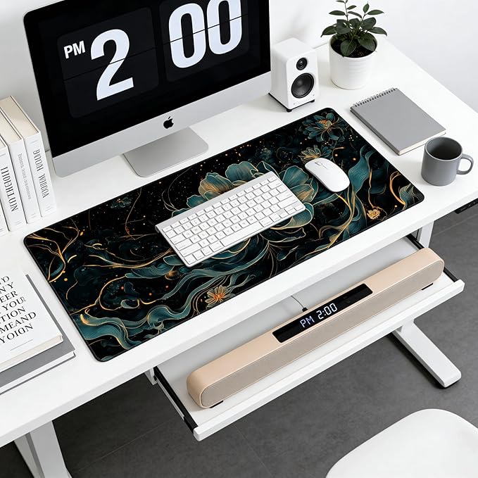Floral Aesthetic Lotus Gaming Mouse Pad, Black Gold Chinoiserie Desk Mat with Anti-Slip Base & Stitched Edges, Office Supplies & Desk Decor for Women, 35.4" x 15.7" in Home Office Essentials
