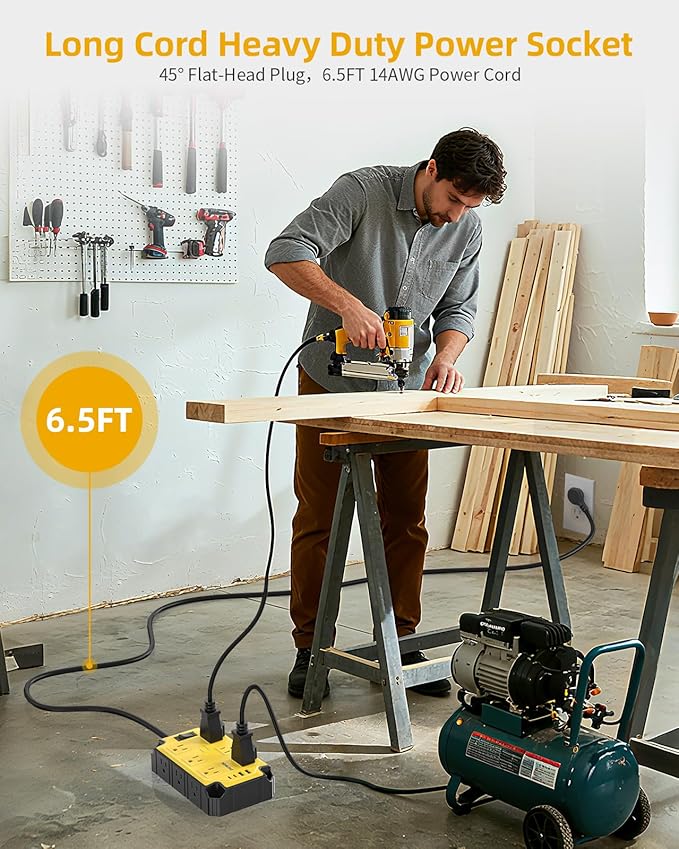 Surge Protector Power Strip 15 Amps/1200 Joules, 12 Outlets with 4 USB Ports (2 USB-C), Magnetic Heavy Duty Power Strip, 6.5 FT Extension Cord for Industrial Shop Garage (Yellow)