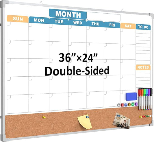 Monthly Calendar Dry Erase Board 36x24 Inch, Double-Sided Whiteboard and Corkboard Combo with Silver Aluminum Frame (Color Calendar), Wall Mounted Planer with Marker, Magnet, Push Pin, Eraser