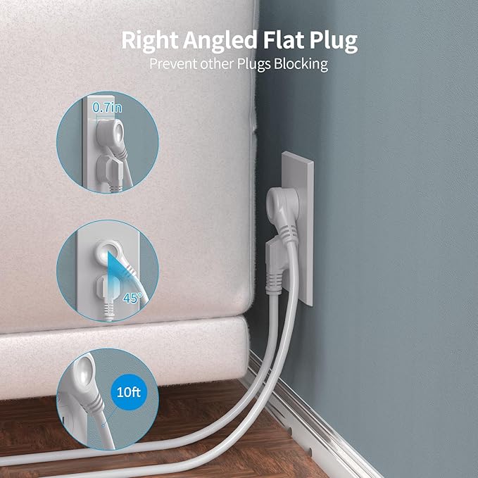 Surge Protector Power Strip Tower with 5 USB Ports and Night Light, 10FT Extension Cord with 12 AC Multiple Outlets, PASSUS Power Tower, Overload Protection for Home Office Dorm Room (2PC-White+Black)