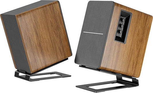 PEGZONE Desk Speaker Stands for Most Bookshelf Speakers, 22 lbs Capacity, Speaker Riser with Anti-Vibration Pads，16°Tilt Angle, Space-Saving Audio Stands for PC Speakers,1 Pair, Black