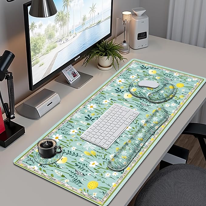 Floral Desk Mat, 4in1 Large Mouse Pad with Wrist Rest, Desk Matt for Desktop, Desk Pad Mat, Anti-Slip XXL Computer Ergonomic Mousepad with Wrist Support for Keyboard and Mouse I Green Elegant Flowers