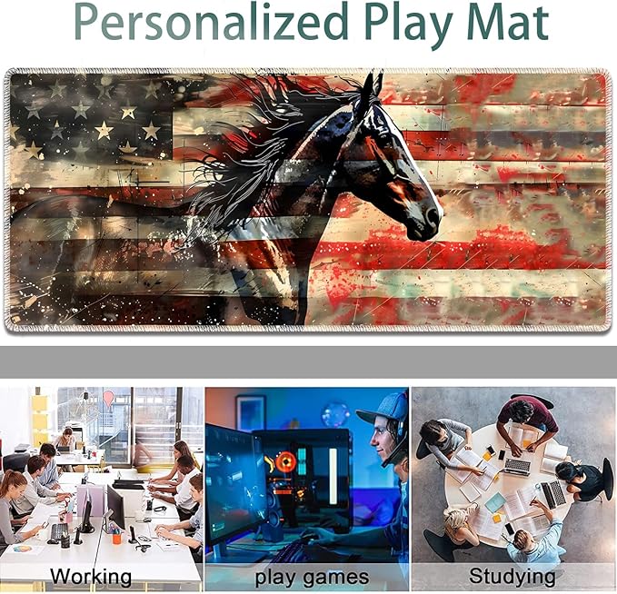 Large Gaming Mouse Pad + Keyboard Wrist Rest + Wrist Support + Coaster Set, Memory Foam Ergonomic for Easy Typing, XXL Extended Gaming Mouse Pad Table Pad - Flag Horse American