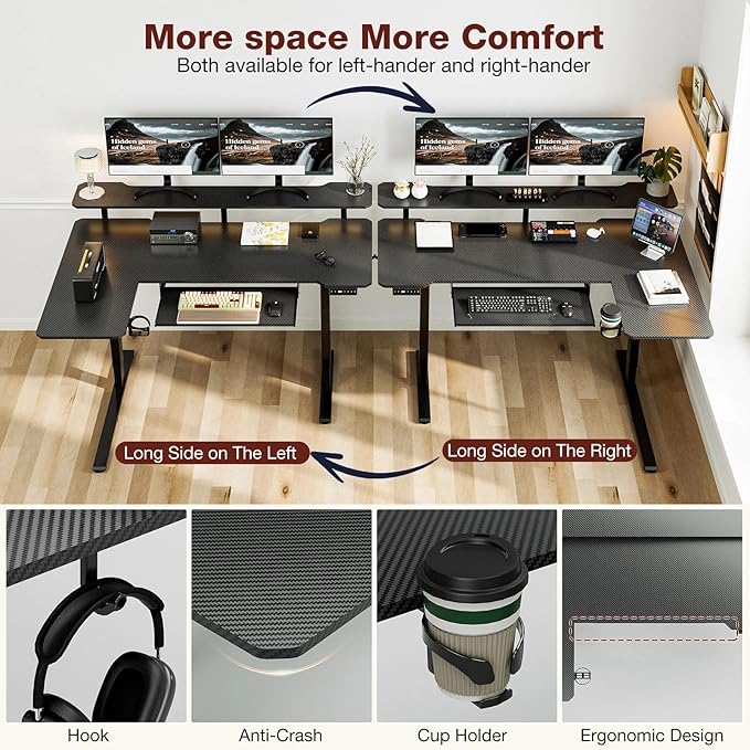 59 Inch L Shaped Standing Desk with Shelves and Keyboard, Electric Corner Standing Desk Adjustable Height, Sit Stand Computer Table with Reversiable Splice Board,Black Carbon Top