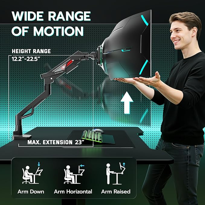 ARES WING Premium Monitor Arm, Ultrawide Monitor Stand up to 57” and 66 Lbs, Gas Sprinq Monitor Mount Height Adjustable and Extension Monitor Stand for Desk Various VESA Mount with Clamp/Grommet Base
