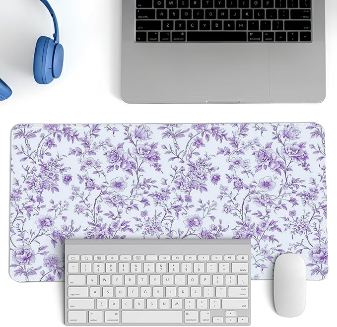 Purple Chinoiserie Mouse Pad,Vintage Purple and White Floral Desk Mat,XL Large Vintage Flowers Preppy Mouse Pad,Girly Laptop Desk Mat for Dorm Home Office,23.6x11.8 Inch