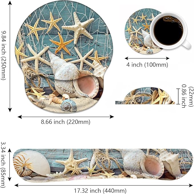 Keyboard Wrist Rest and Mouse Pad Wrist Support Set with Coasters, Non-Slip PU Base, Easy Typing and Relieve Wrist Pain, Perfect for Home Office Working Studying, Seashell Conch Starfish