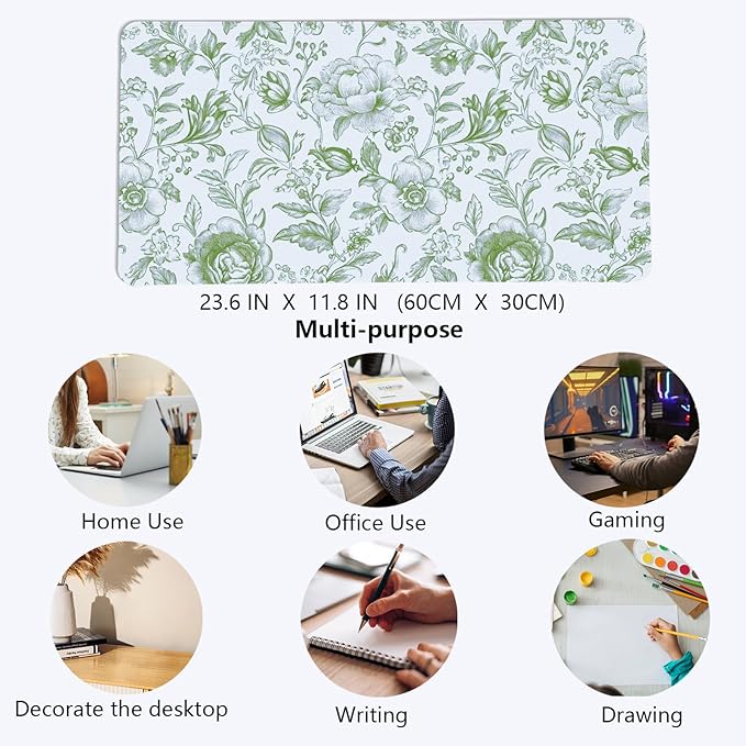 Sage Green Chinoiserie Mouse Pad,Sage Green Floral Desk Mat,XL Large Greens Floral Preppy Trendy Mouse Pad,Girly Gaming Mousepad,Girly Laptop Desk Mat for Dorm Home Office,23.6x11.8 Inch