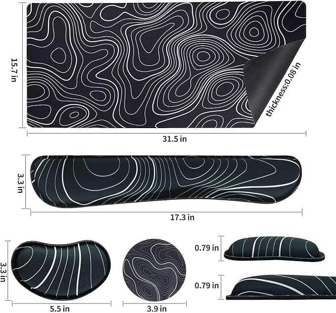 Bloss Mouse Pad with Wrist Rest, 4PCS Desk Mat and Wrist Support for Keyboard, Large Desk Pad, Keyboard Pad for Office Work/Home, Black and White Topography (31.5 x 15.7 Inches)