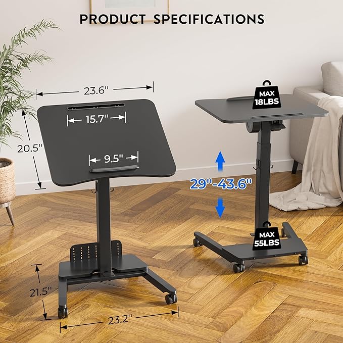BONTEC Mobile Standing Desk Adjustable Height, Rolling Laptop Cart with Storage Shelf, Hooks, Portable Workstation with Pneumatic Lift, Ergonomic Compact Home Office Desk, Black 23.6" x 20.5"