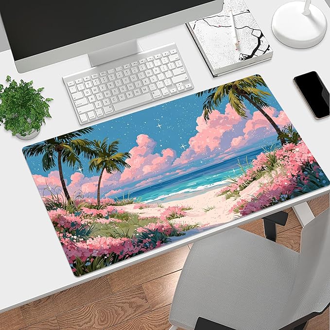 HVEST Pink Floral Beach Mouse Pad, Tropical Ocean Pastel Cloud Desk Mat,Large Mouse Pad for Laptop Computer, Mousepad with Non-Slip Rubber Base and Stitched Edge for Game, Office, Home 31.5'' x 15.7''