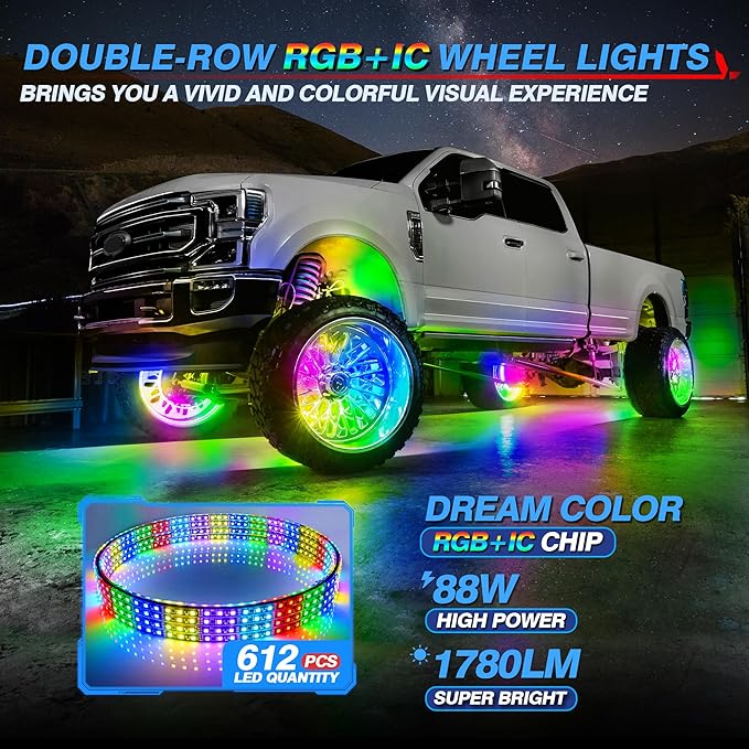 MICTUNING 17inch V1 RGB+IC Chasing Color Wheel Ring Lights Kit with APP Control, Double-Row Dream Color Chasing Flow Neon Wheel Rim Lights with Turn Signal and Braking for Pickup Truck Car SUV