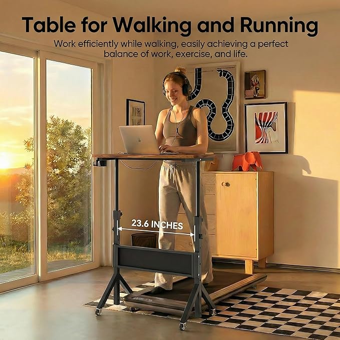 HUANUO Mobile Standing Desk with Wheels and Storage Basket, Height Adjustable 28.7"-46.1" Rolling Desk for Walking Pad, Small Space Laptop Computer Workstation for Home Office