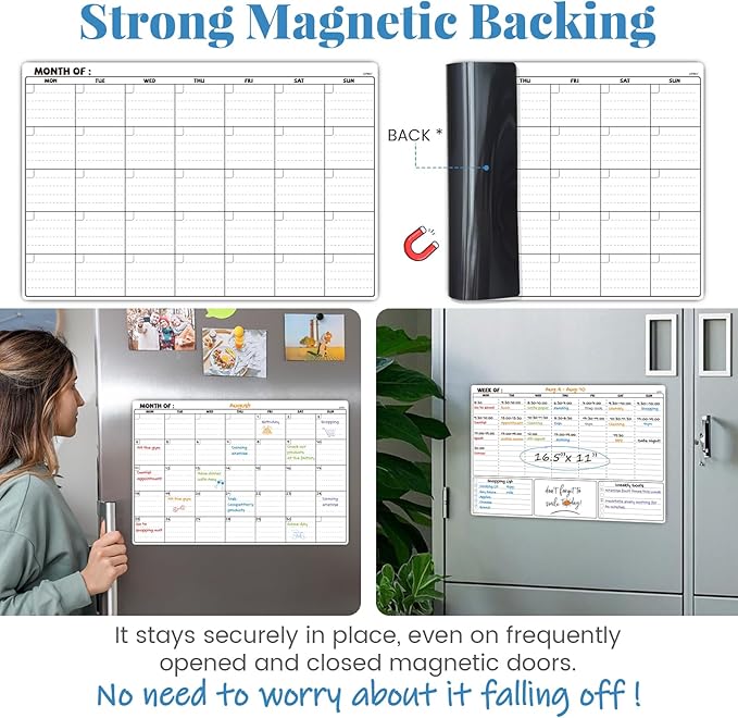 JJPRO Magnetic Dry Erase Monthly Calendar Whiteboard Set for Fridge- Reusable Monthly Calendar and Weekly Planner for Refrigerator-Starts Monday-Magnetic Weekly Planner Bundle-16.5"x11"
