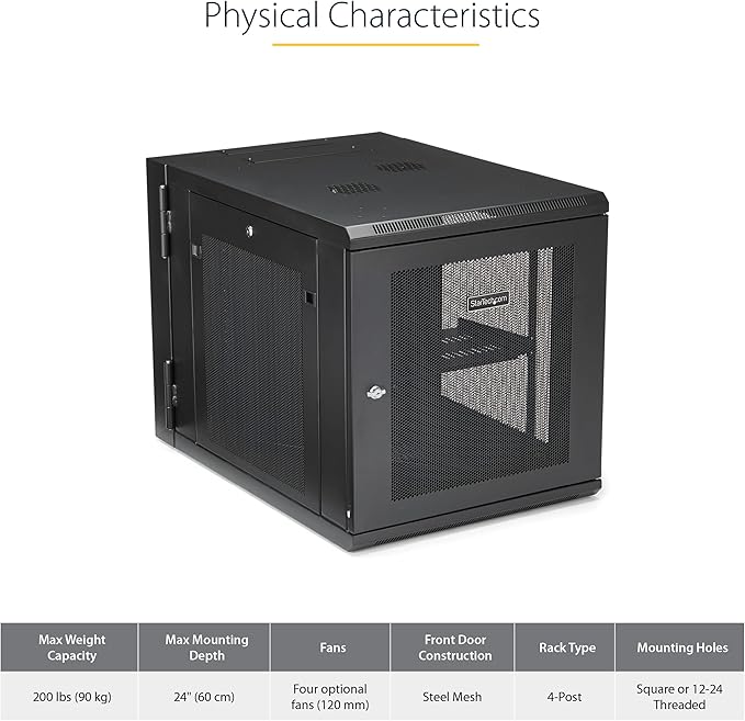 StarTech 4-Post 12U Wall Mount Network Cabinet w/ 1U Shelf, 19" Wall-Mounted Server Rack Kit for IT / Data Computer Equipment, Ships Fully Assembled