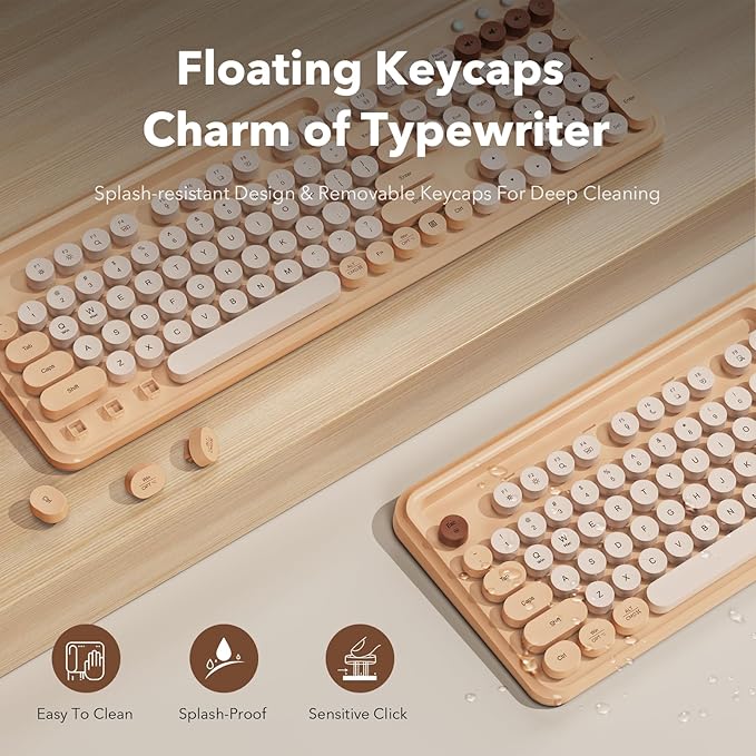 Wireless Keyboard and Mouse Combo with Retro Round Keycaps, Full-Size Cute Typewriter Keyboard with Large Phone/Tablet Holder, 2.4GHz Cordless for Mac, Windows PC, Laptop, Trueque CK13, Milk Tea Beige