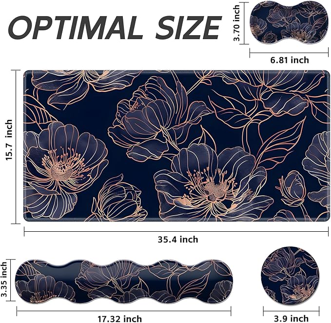 Gaming Mouse Pad Set Rose Gold Line Art Flowers Large Desk Mat Mousepad, Keyboard Wrist Support, Mouse Wrist Rest, Coaster 4in1 Ergonomic Memory Foam, Non-Slip Stitched Edge for Home Office