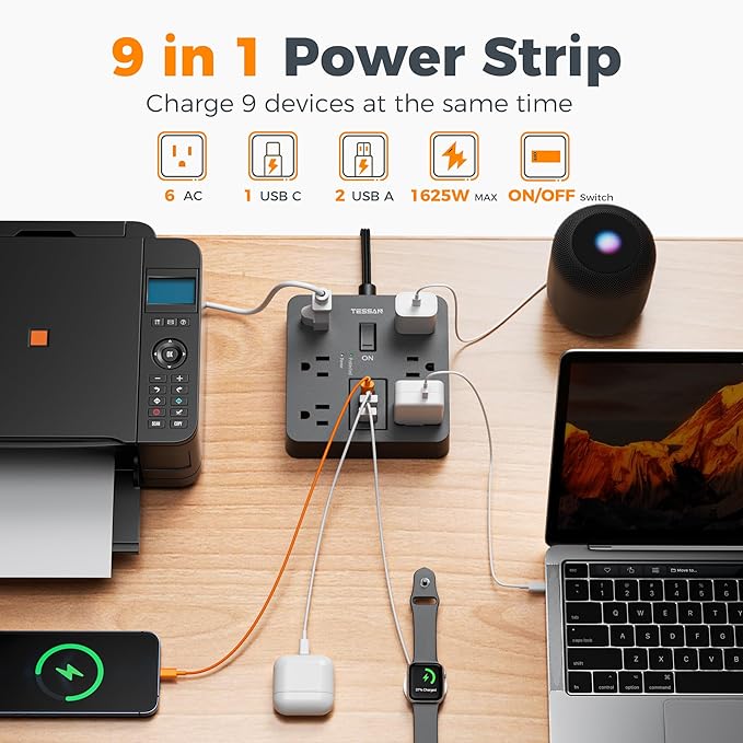 TESSAN Black Surge Protector Power Strip, Flat Plug Extension Cord 5 FT with 6 Outlets 3 USB Charger (1 USB C), 1700J Protection Multiple Outlets Charging Station for Home, Office, College Dorm Room