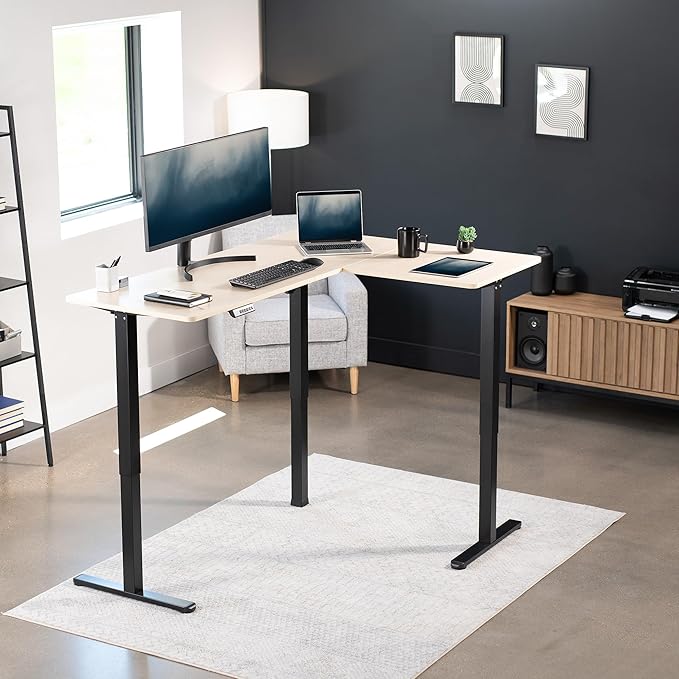 VIVO Corner Standing Desk, 63 x 47 inch Reversible L-Shaped Workstation, Electric Height Adjustment, Home, Office, and Reception Rooms, Light Wood Table Top Black Frame, DESK-E3CTC-47