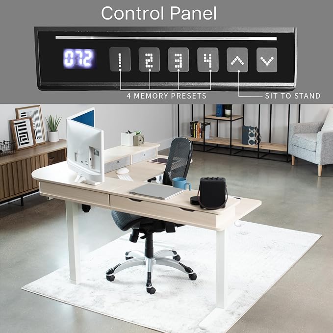 VIVO Electric 2-Tier Corner L-Shaped 63 x 55 inch Standing Desk, Height Adjustable, Memory Controller, Light Wood Top White Frame, Light Gray Drawers, DESK-E3CVC