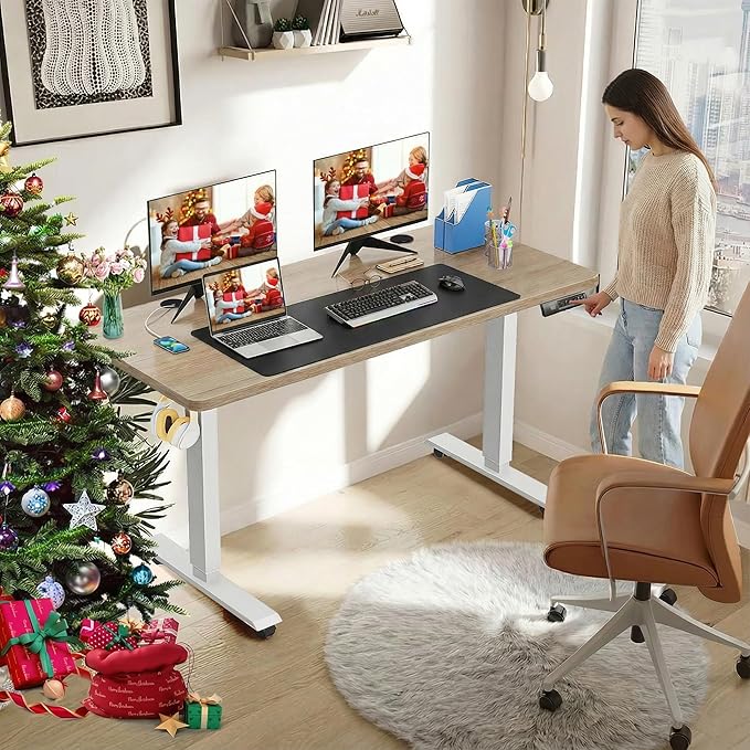 farexon Electric Standing Desk Adjustable Height, 55 x 24 Inch Stand up Desk with Large Mouse Pad, Rolling Wheels & Foot Pad,27''-46'' Lifting Range Home Office Computer Desk(Oak Gray)