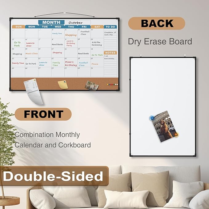 Monthly Calendar Dry Erase Board 36x24 Inch, Double-Sided Whiteboard and Corkboard Combo with Black Aluminum Frame (Color Calendar), Wall Mounted Planner with Marker, Magnet, Push Pin, Eraser