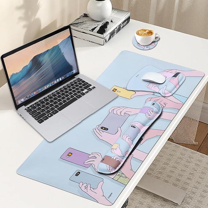 MEGREZ 4-in-1 Ergonomic Memory Foam Wrist Rest Set, Desk Pad, Mouse Pad with Wrist Rest, Keyboard Pad, Suitable for Office Workers, Programmers & Gamers–Relieve Typing & Gaming Fatigue,