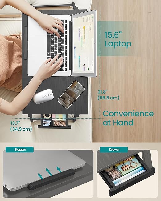 SONGMICS Bed Laptop Desk, Folding Bed Tray for Laptop up to 15.6 Inches, Adjustable Angle and Height, Portable for Working Reading Writing Breakfast, Bamboo Legs, Drawer, Ebony Black ULLD105BE01