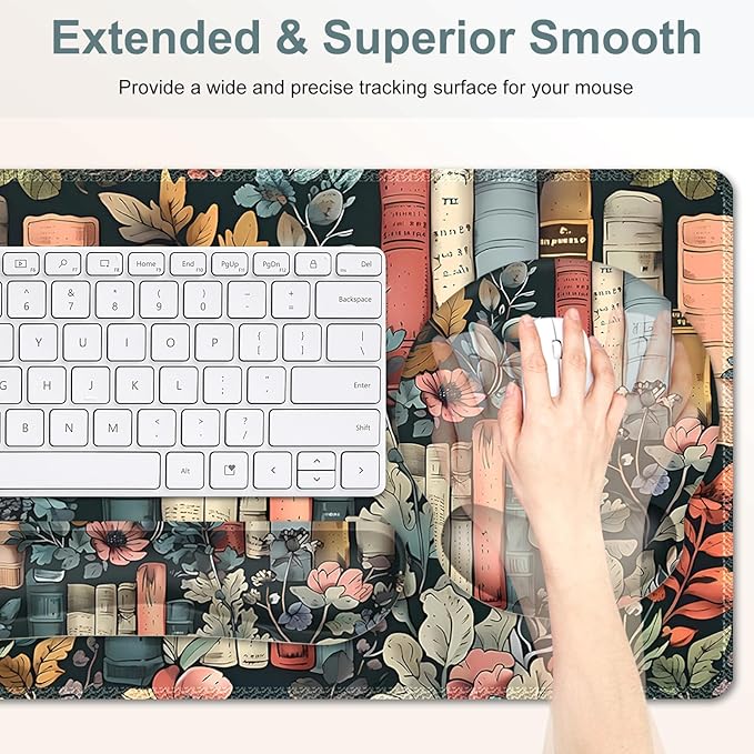 Nature Aesthetic Florals Books Mouse Pad, XXL Large Desk Mat Extended Reading Desk pad, 4PCS Non-Slip Rubber Base Computer Big Mousepads for Work, Game, Office, Home Decor Accessories I Bookworm Gift