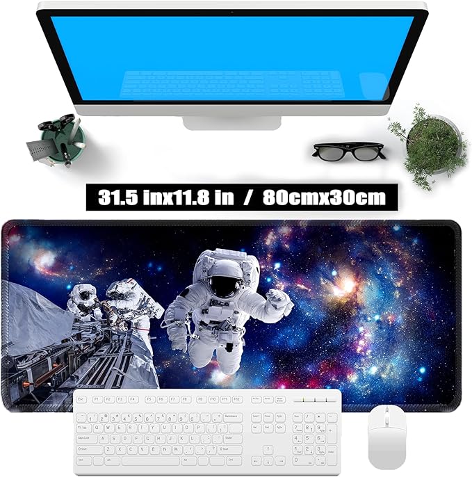Astronauts in Space Mouse Pad, Oversized 31.5x11.8in Non-Slip Desk Mat, Micro-Woven Fabric with Stitched Edges for Gaming, Work, and Home Office
