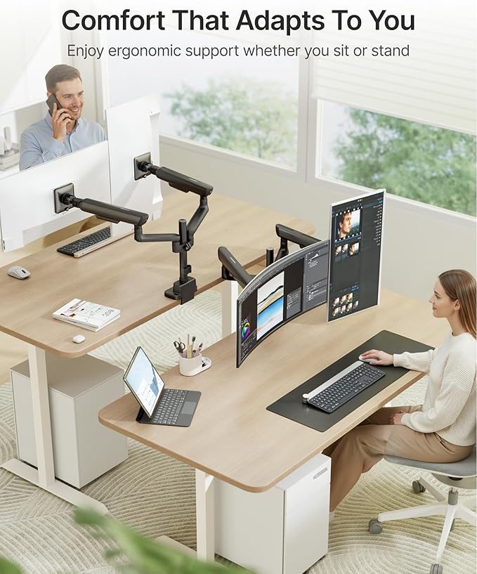 monTEK Dual Tall Monitor Arm with USB, Mechanical Spring Monitor Arm for 17-35" Screens, Adjustable Monitors Desk Mount Each Holds up to 24.2 lbs with C Clamp/Grommet, VESA 75/100mm