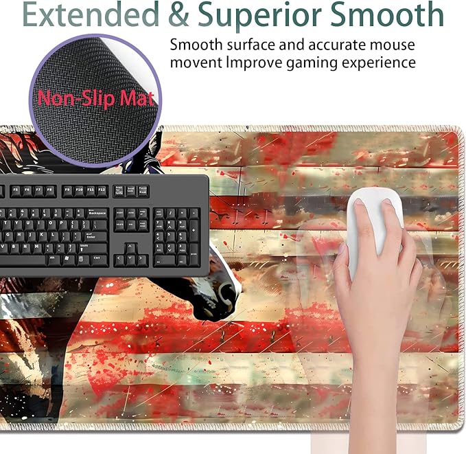 Large Gaming Mouse Pad + Keyboard Wrist Rest + Wrist Support + Coaster Set, Memory Foam Ergonomic for Easy Typing, XXL Extended Gaming Mouse Pad Table Pad - Flag Horse American