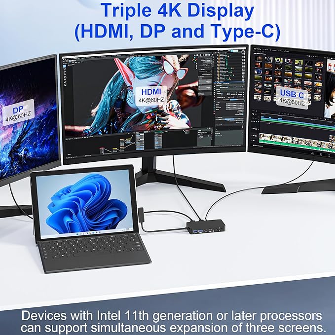 Surface Docking Station 12-in-1, Triple Display 4K@60Hz Dock with HDMI, DP, USB-C, 4-Screen Support, 4 USB Ports, SD/TF, Audio for Surface Pro 11/10/9/8/7, Surface Laptop, Book, Go