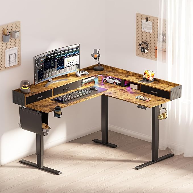 63 Inches Height Adjustable L Shaped Standing Desk with 3 Drawers and Monitor Shelf, Electric Corner Comupter Desk, Sit Stand up Home Office Desk, Ergonomic Gaming Desk, Rustic Brown
