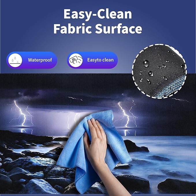 Extra Large Gaming & Office Mouse Pad (31.5" x 11.8") – Nature Lightning Summer Storm Bolts Over Rocks in Ocean Nightmare Theme Weather, Anti-Slip XXL Desk Mat with Durable Stitched Edges