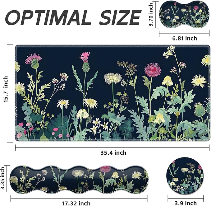 Gaming Mouse Pad Set, Wildflowers Illustration Large Desk Mat Mousepad, Keyboard Wrist Support, Mouse Wrist Rest, Coaster 4in1 Ergonomic Memory Foam, Non-Slip Stitched Edge for Home Office