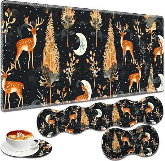 Large Gaming Mouse Pad + Keyboard Wrist Rest + Wrist Support + Coaster Set, Memory Foam Ergonomic for Easy Typing, XXL Extended Gaming Mouse Pad Table Pad - Forest Deer