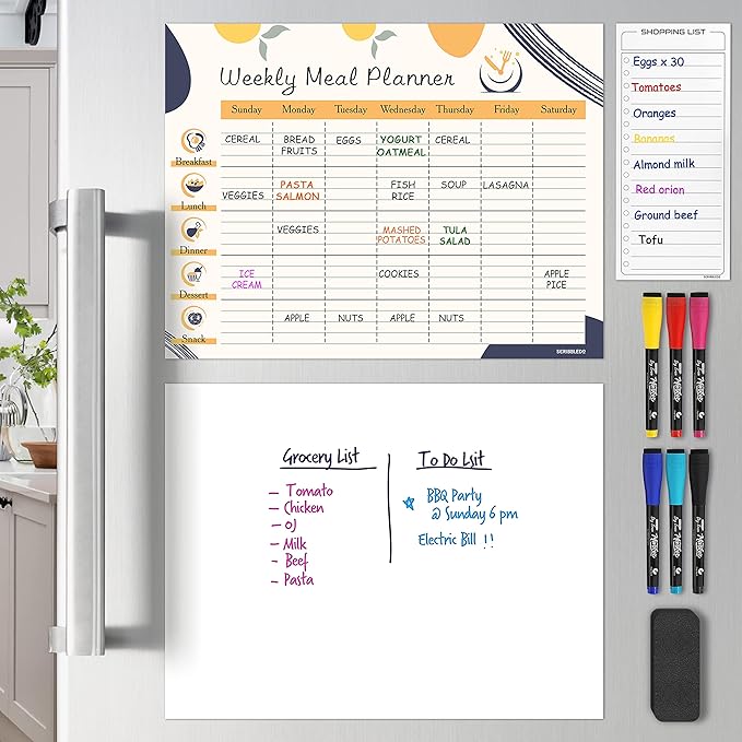 Weekly Meal Planner Dry Erase 13"X17” Magnetic Diet Planner for Fridge Whiteboard Menu Planner Shopping Grocery List Refrigerator White Board Dry Erase Magnet Monthly Menu Board for Kitchen 6 Markers