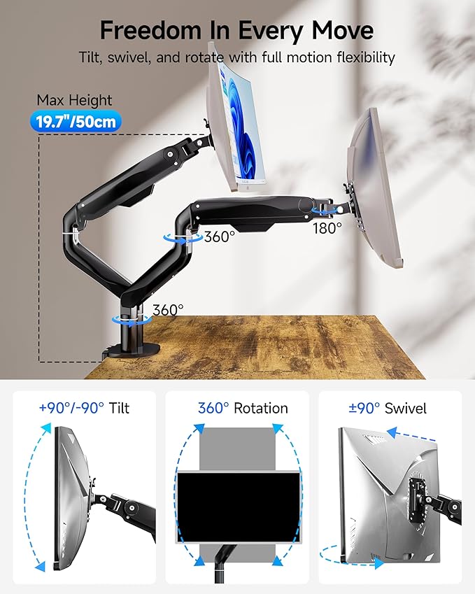 BIZUM Dual Monitor Stand for 17″-42", Heavy Duty Ultrawide Monitor Arm Dual-Monitor Mount VESA Mount with Clamp/Grommet Base, Holds 33.1lbs per Arm, Black