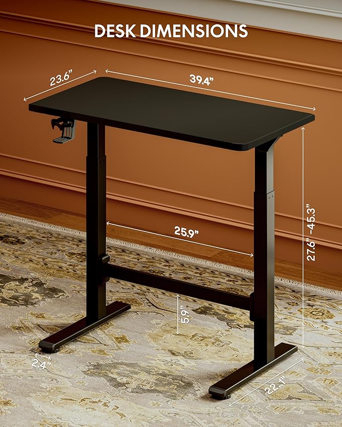 FLEXISPOT H7 Plus Gas Spring Adjustable Standing Desk, Mobile Rolling Sit-Stand Table with Wheels, Cordless Stand Up Desk for Small Spaces & Home Office, 40" One-Piece Desktop Black,Height 27.6"–45"